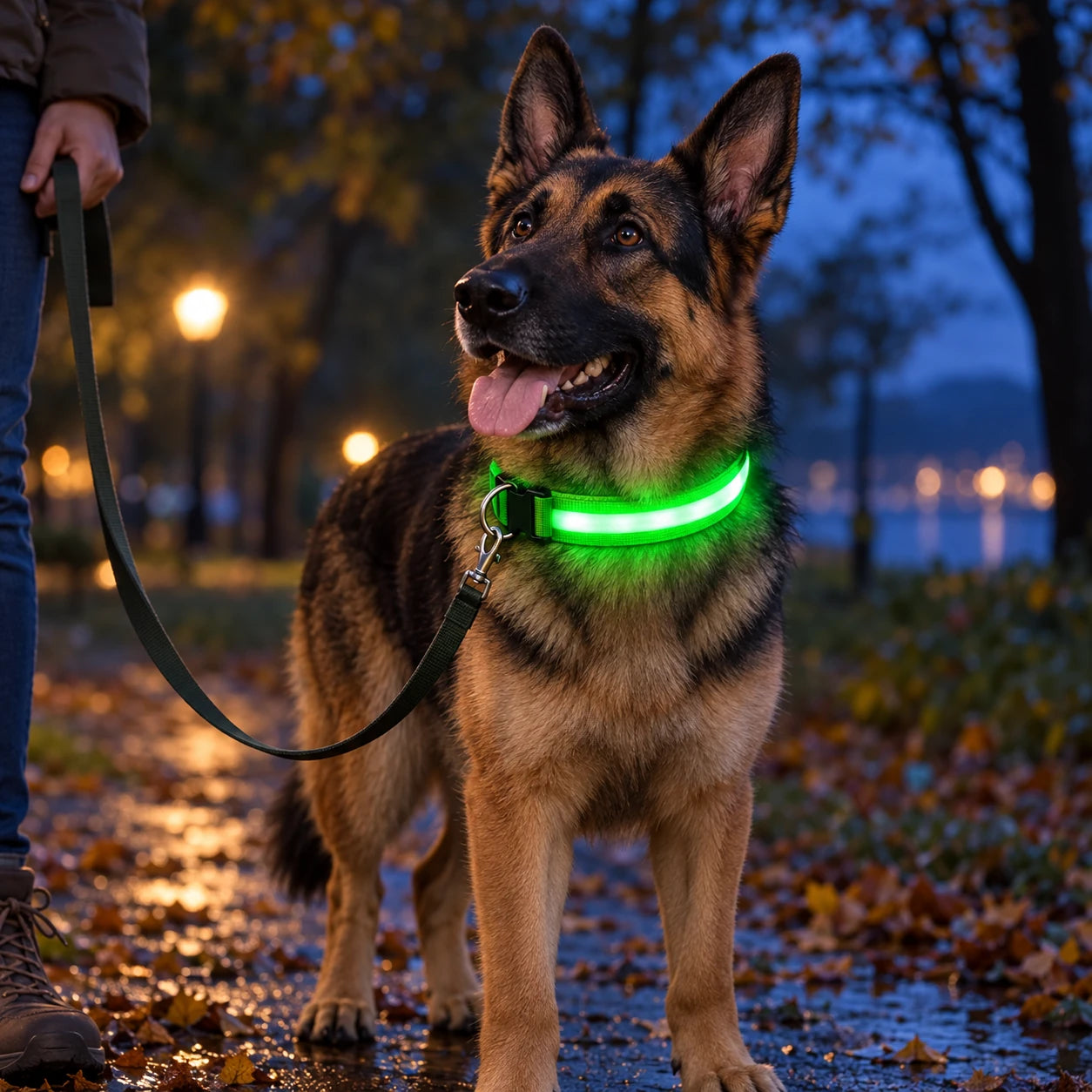 Illustration of a twilight walk with a dog wearing a light-up collar